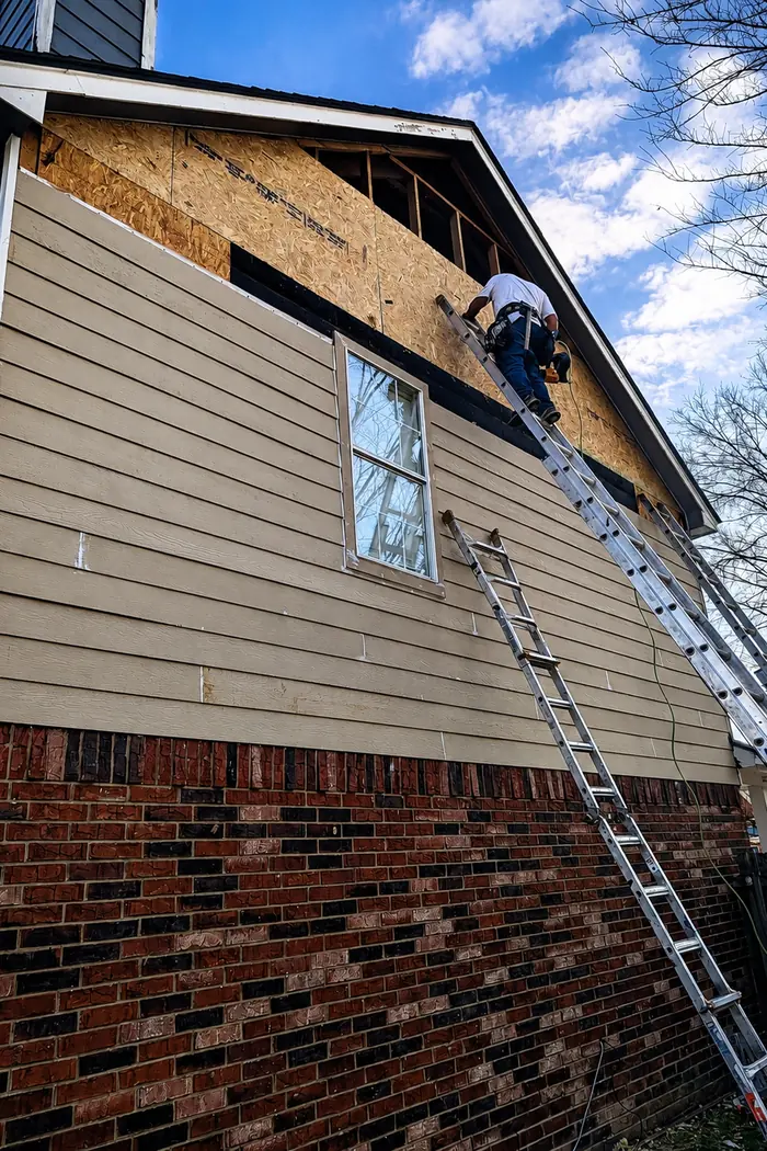 Replacing rotted siding and sheathing on a two-story gable wall